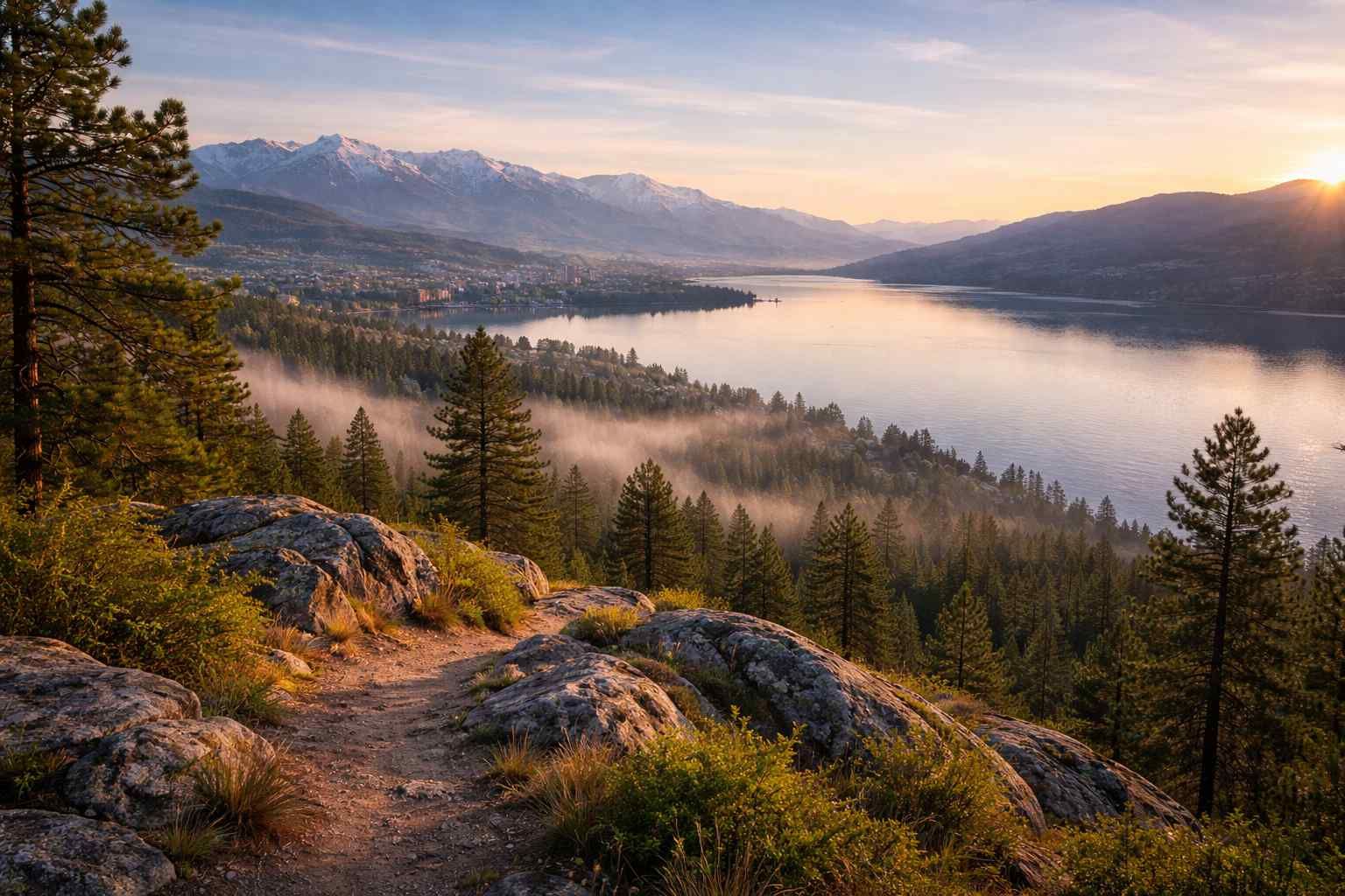 A mountain trail overlooks a misty lake at sunrise with snow-capped peaks in the distance.