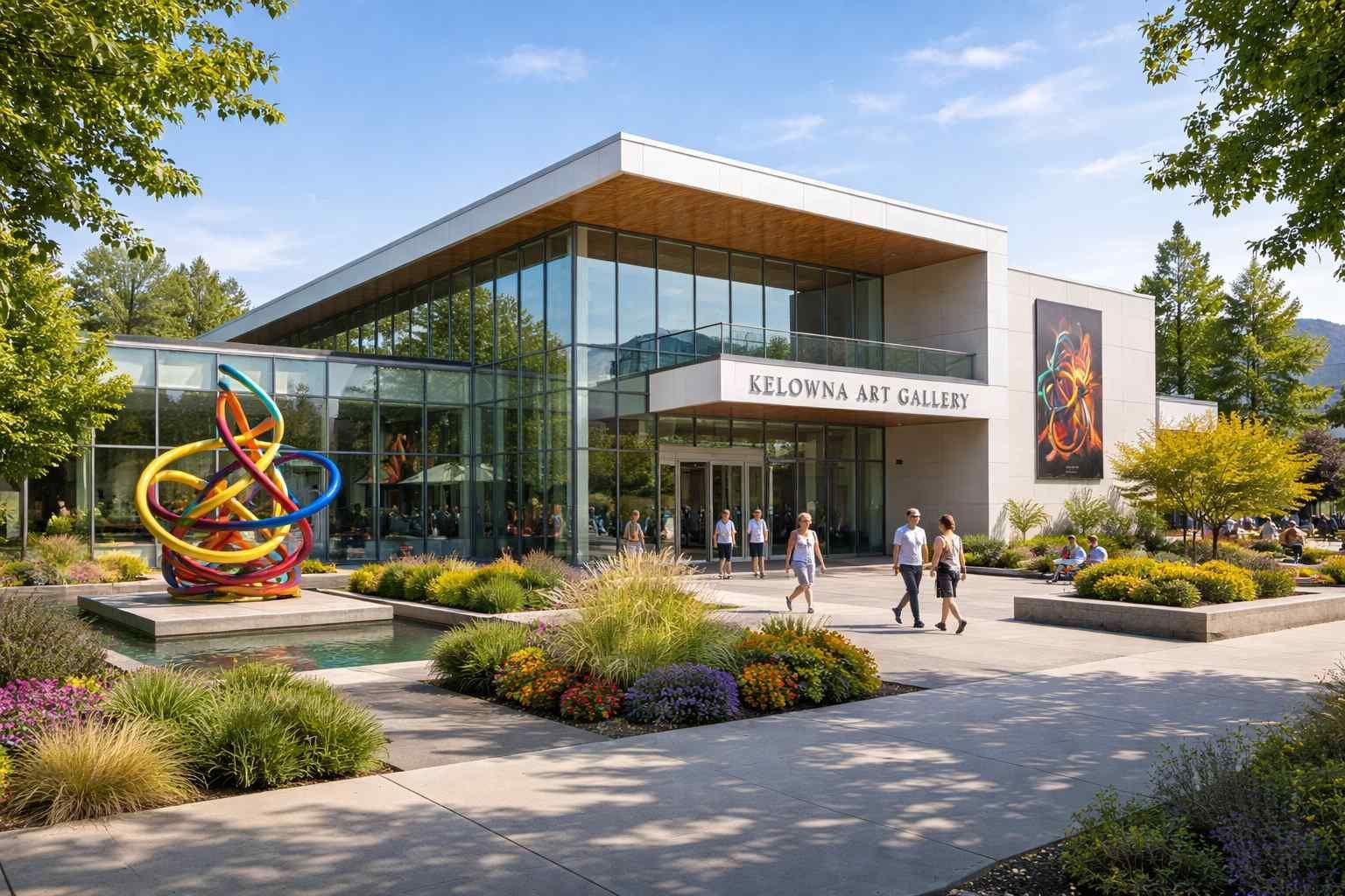The Kelowna Art Gallery building exterior featuring large glass windows, a modern sculpture, and landscaping on a sunny day.