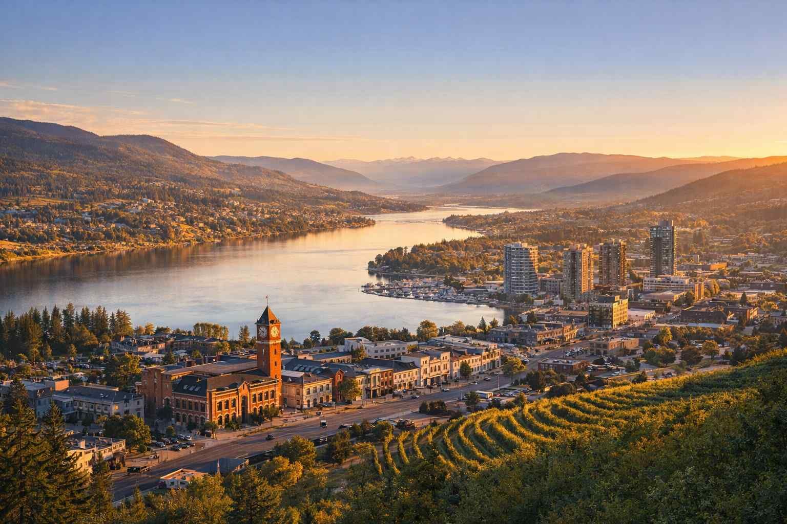 Golden hour view of Kelowna, British Columbia, showing a city waterfront, modern buildings, and rolling hills at sunset.