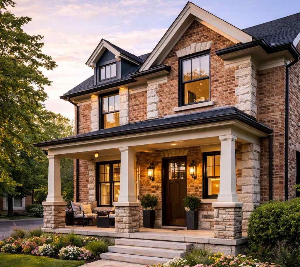 A two-story brick and stone house with a front porch, columns, a peaked roof, and a landscaped garden at dusk.