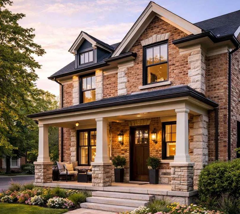 A two-story brick and stone house with a front porch, columns, a peaked roof, and a landscaped garden at dusk.