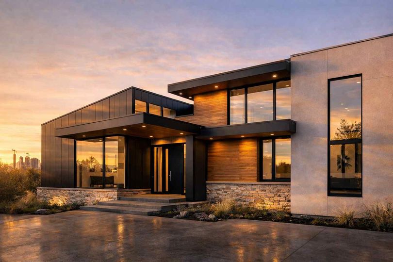Modern home with flat roof, horizontal wood siding, stone base, and large windows at sunset.