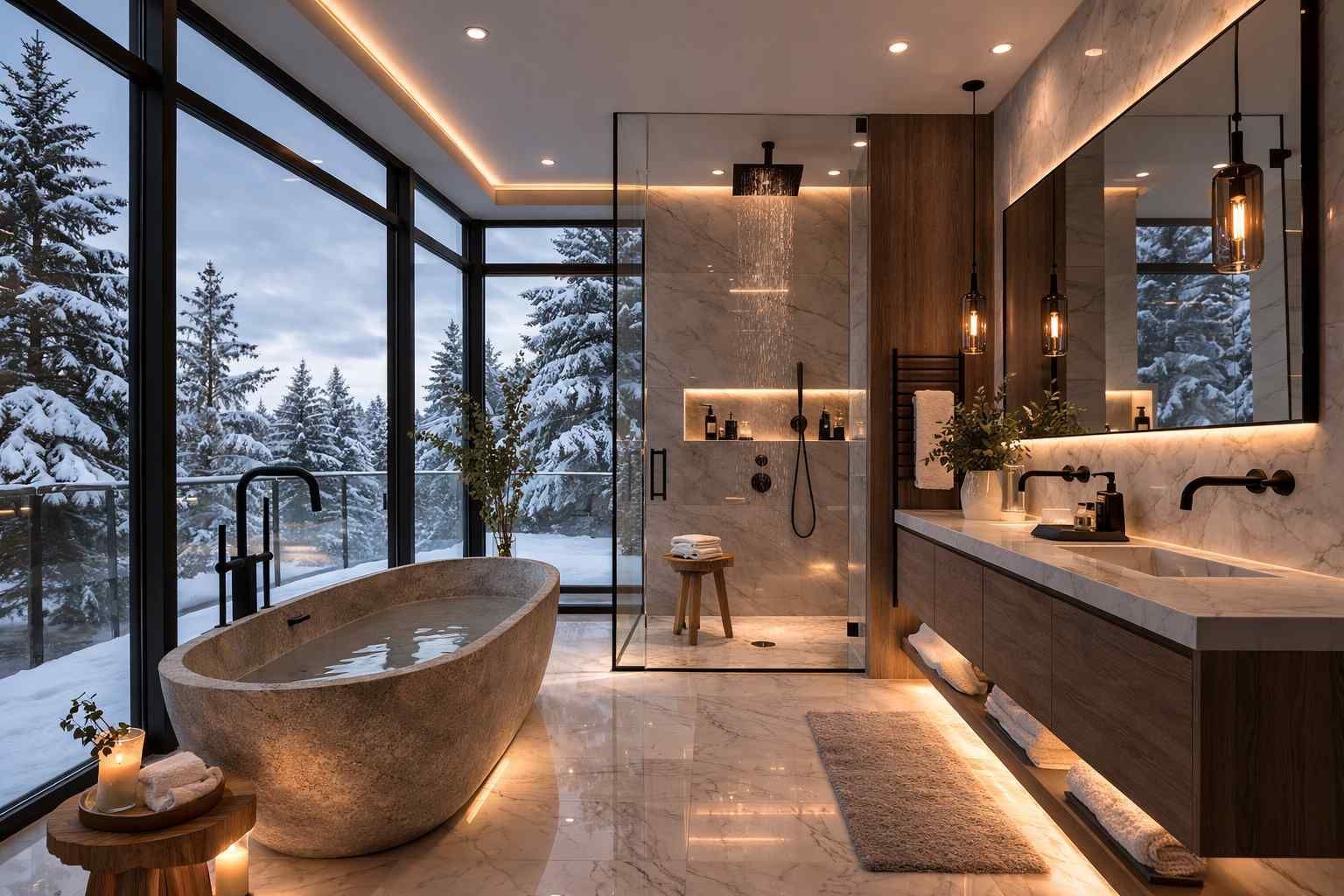 A luxurious, modern bathroom with a stone tub, glass shower, and vanity, overlooking a snowy, pine-covered landscape.