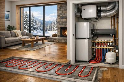 A living room showing radiant floor heating pipes exposed under the floor, connected to a mechanical system in a closet.