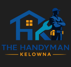 Logo for The Handyman Kelowna featuring a house silhouette, wrench, and worker icon in blue and orange on a dark background.