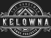 Logo for The Handyman Kelowna featuring a house silhouette, wrench, and worker icon in blue and orange on a dark background.