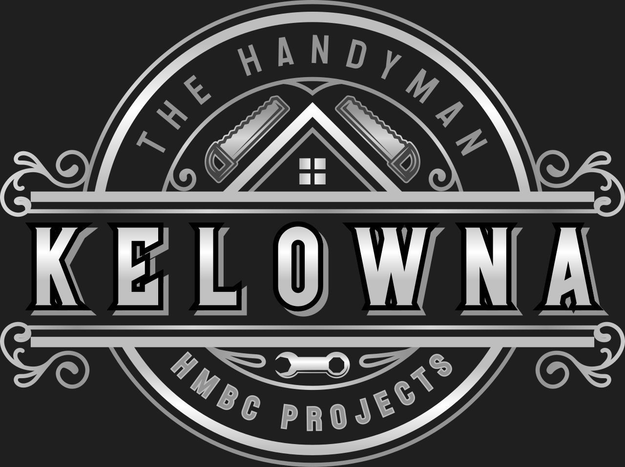 Logo for The Handyman Kelowna featuring a house silhouette, wrench, and worker icon in blue and orange on a dark background.