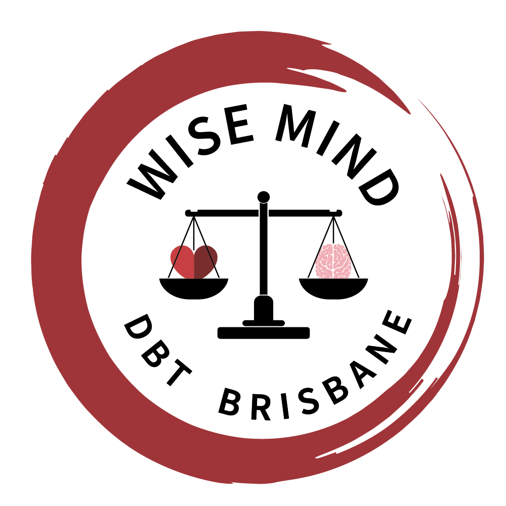Logo: A scale balancing a heart and brain; Wise Mind DBT Brisbane within a red circle.