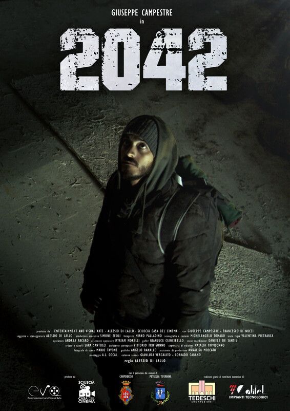 A movie poster for 2042 shows a man in a hooded jacket