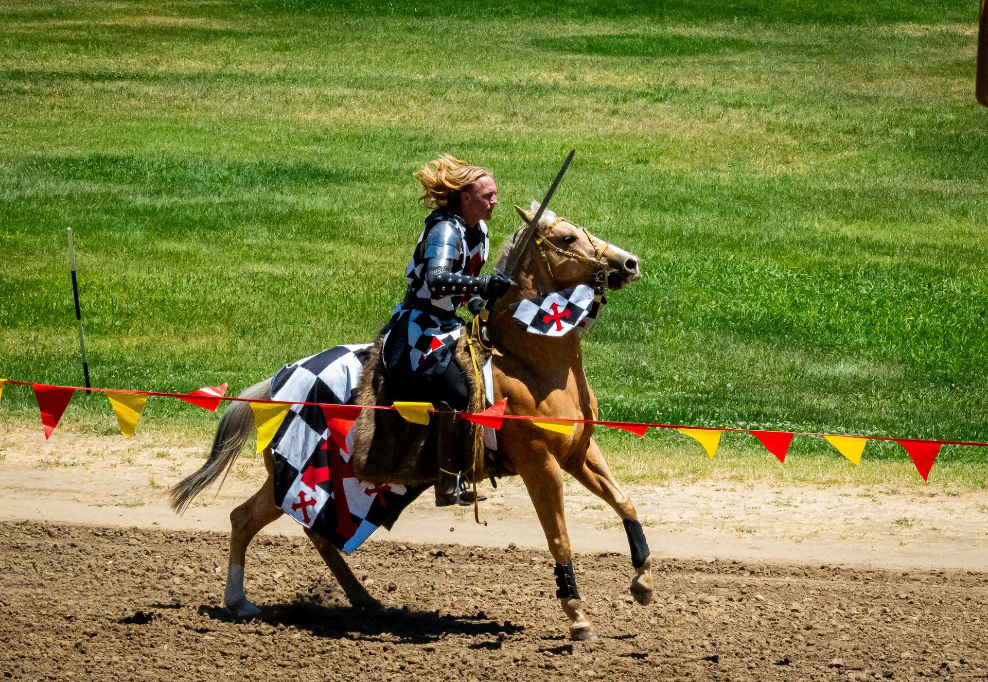 A man in a knight 's costume is riding a horse in a field.