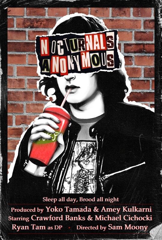 A poster for nocturnals anonymous shows a man drinking through a straw