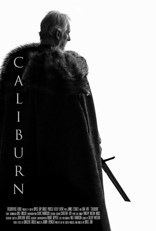aA movie poster for Caliburn shows a man standing