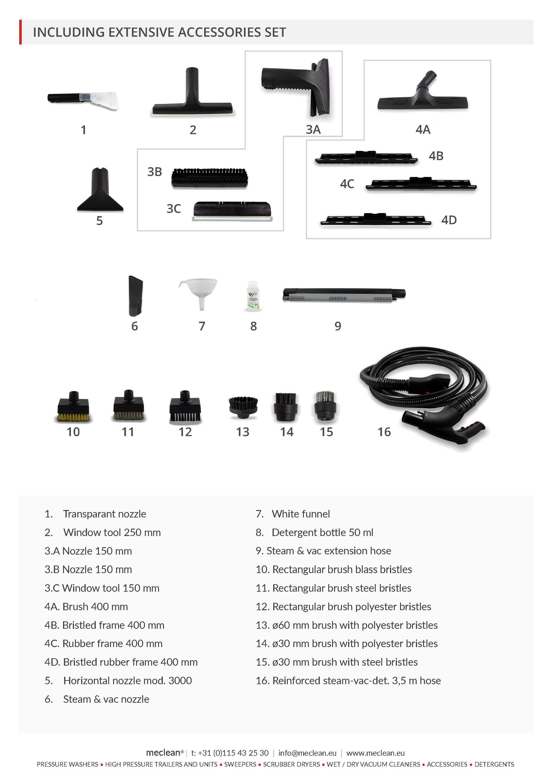 Meclean steam cleaning machine Steampower Vac overview accessories