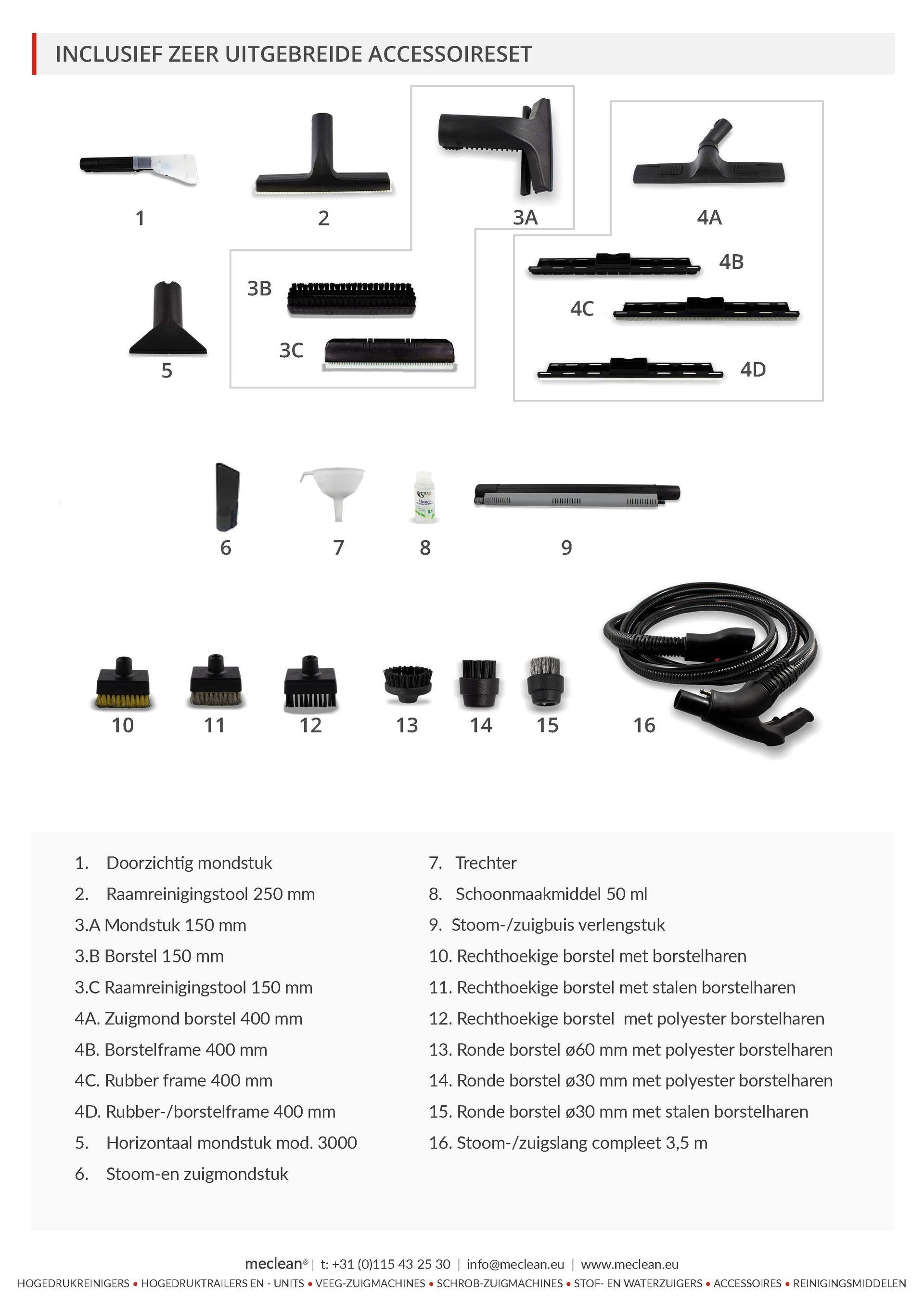 Meclean stoomreinigingsmachine STEAMPOWER VAC overzicht accessoires