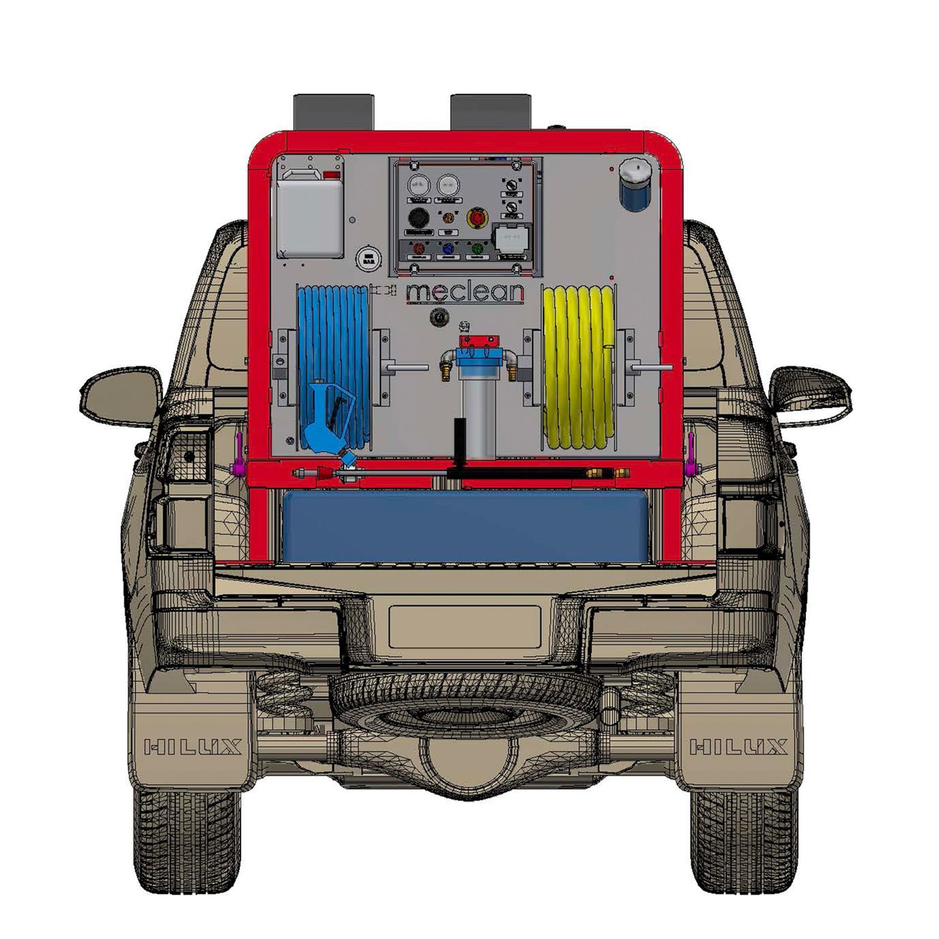 Meclean powerful built-in or surface-mounting pressure washing unit Trailerpack TPE 200/21 render rear view