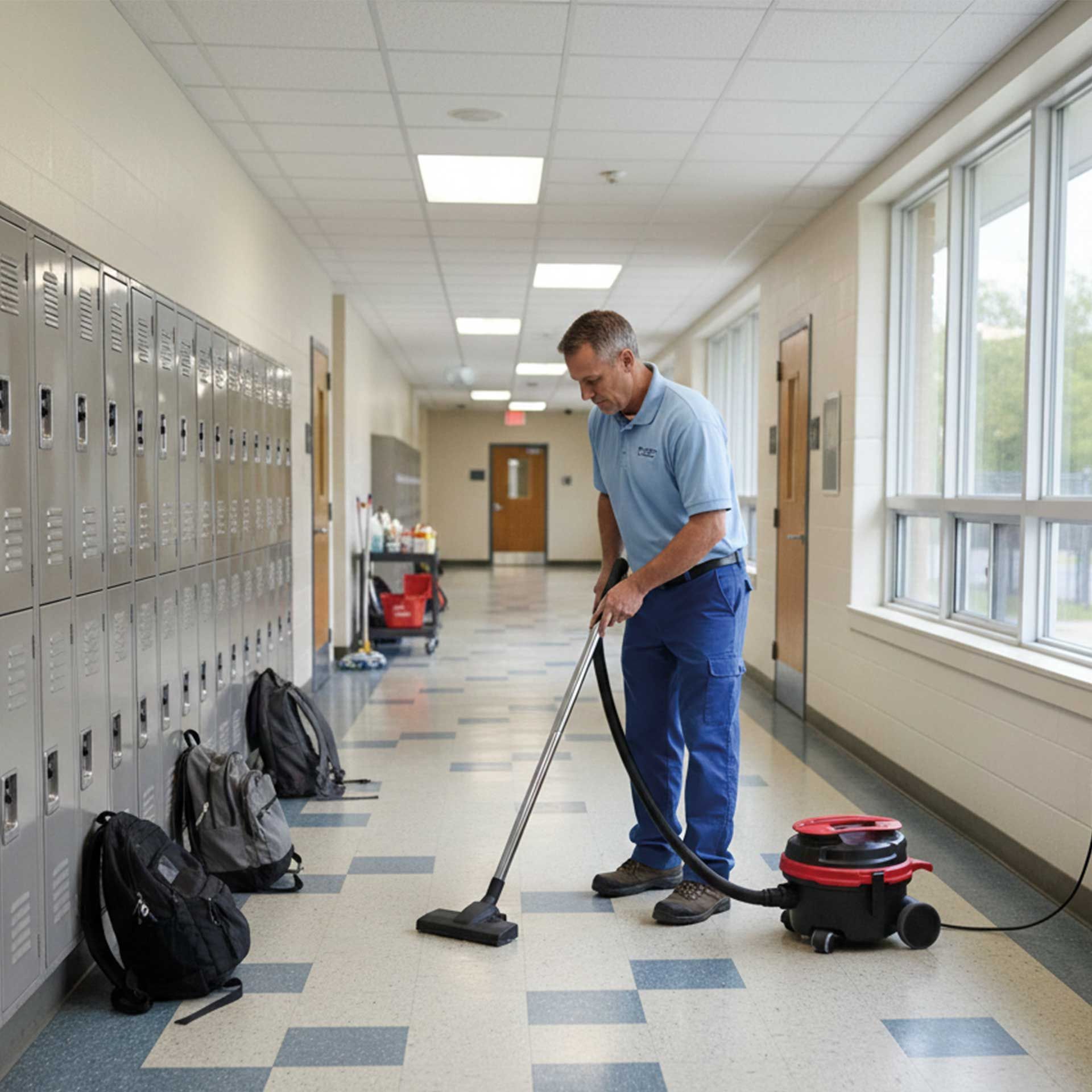 Meclean professional vacuum cleaner PROVAC 12 vacuuming in corridor school building
