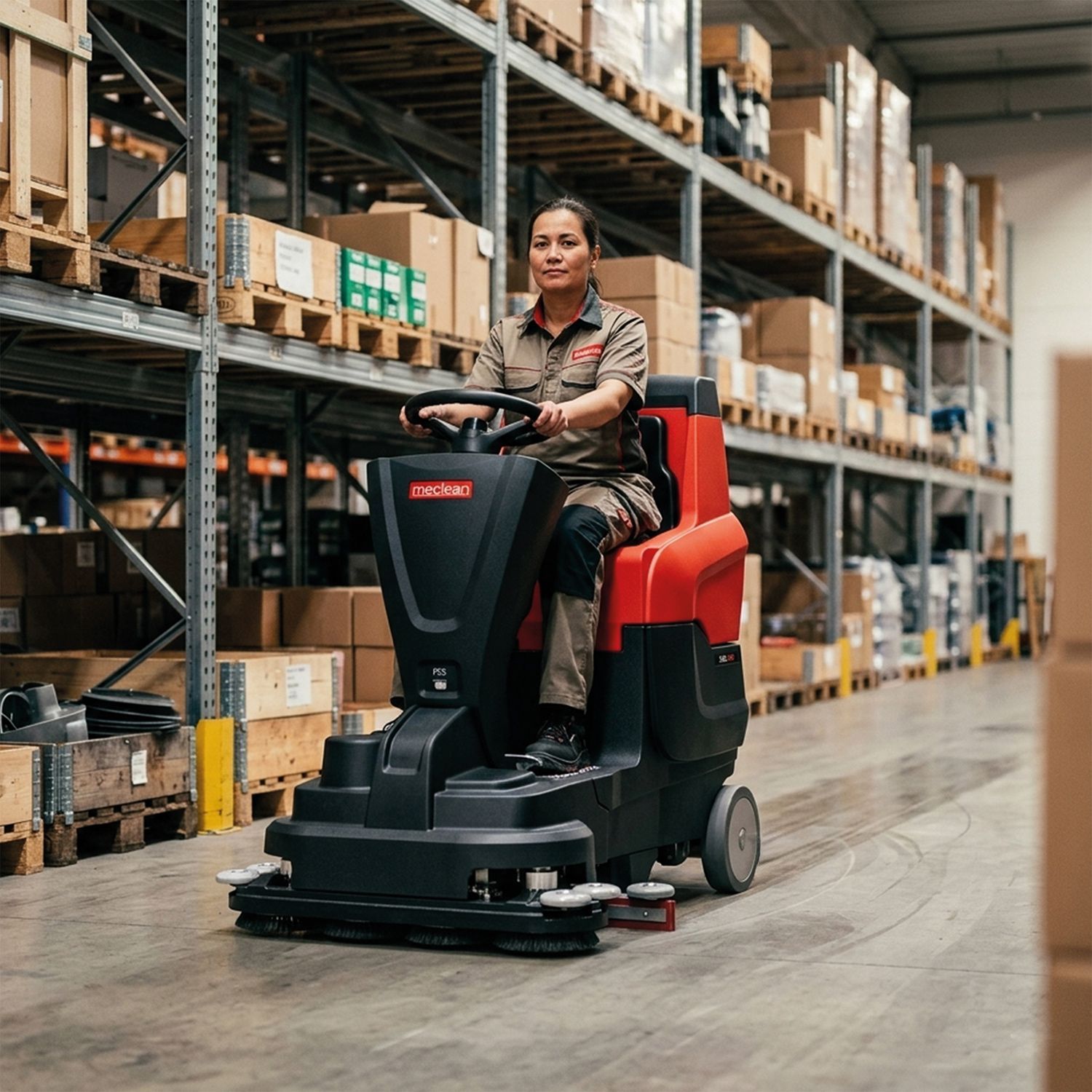 Meclean ride-on scrubber-dryer POWERSCRUB R80D in warehouse