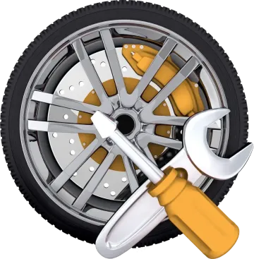 Car wheel with wrench and screwdriver, suggesting tire repair or maintenance