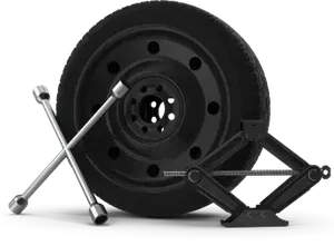Car jack and lug wrench beside a car wheel, with a cross wrench on the left and scissor jack on the right