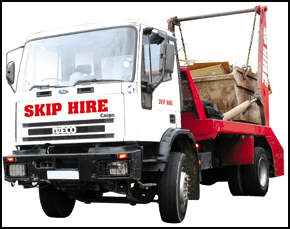 Skip hire truck with skip