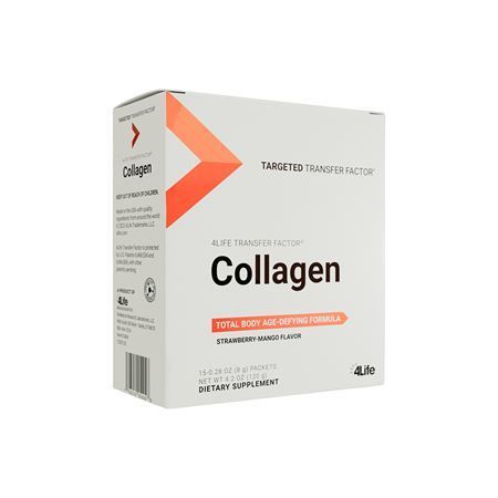 Box of 4Life Transfer Factor Collagen dietary supplement. White box with orange arrow and text. Strawberry-mango flavor.