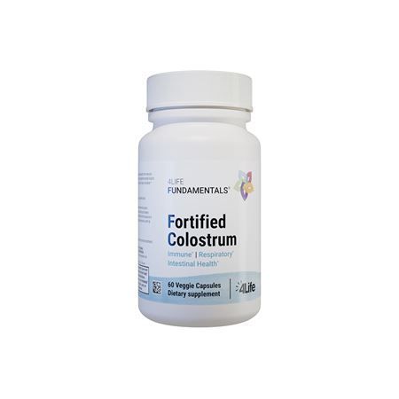 White bottle of Fortified Colostrum capsules, with blue and purple label, dietary supplement.