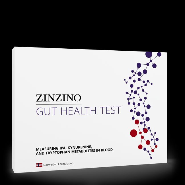 Zinzino Gut Health Test kit. White box with text and molecular diagram. Measures blood metabolites.