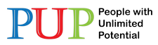 A colorful logo for pup people with unlimited potential