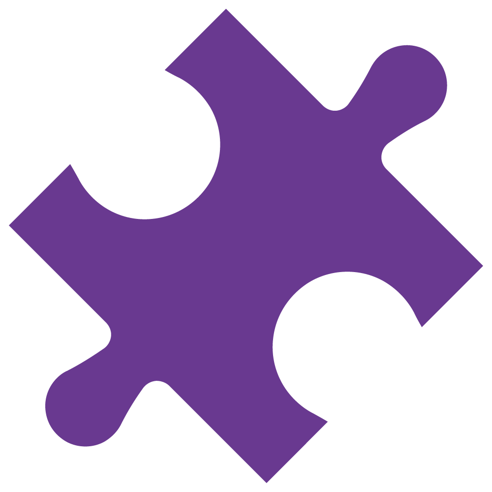 A purple puzzle piece with two holes in it on a white background.