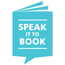 A blue sign that says speak it to book