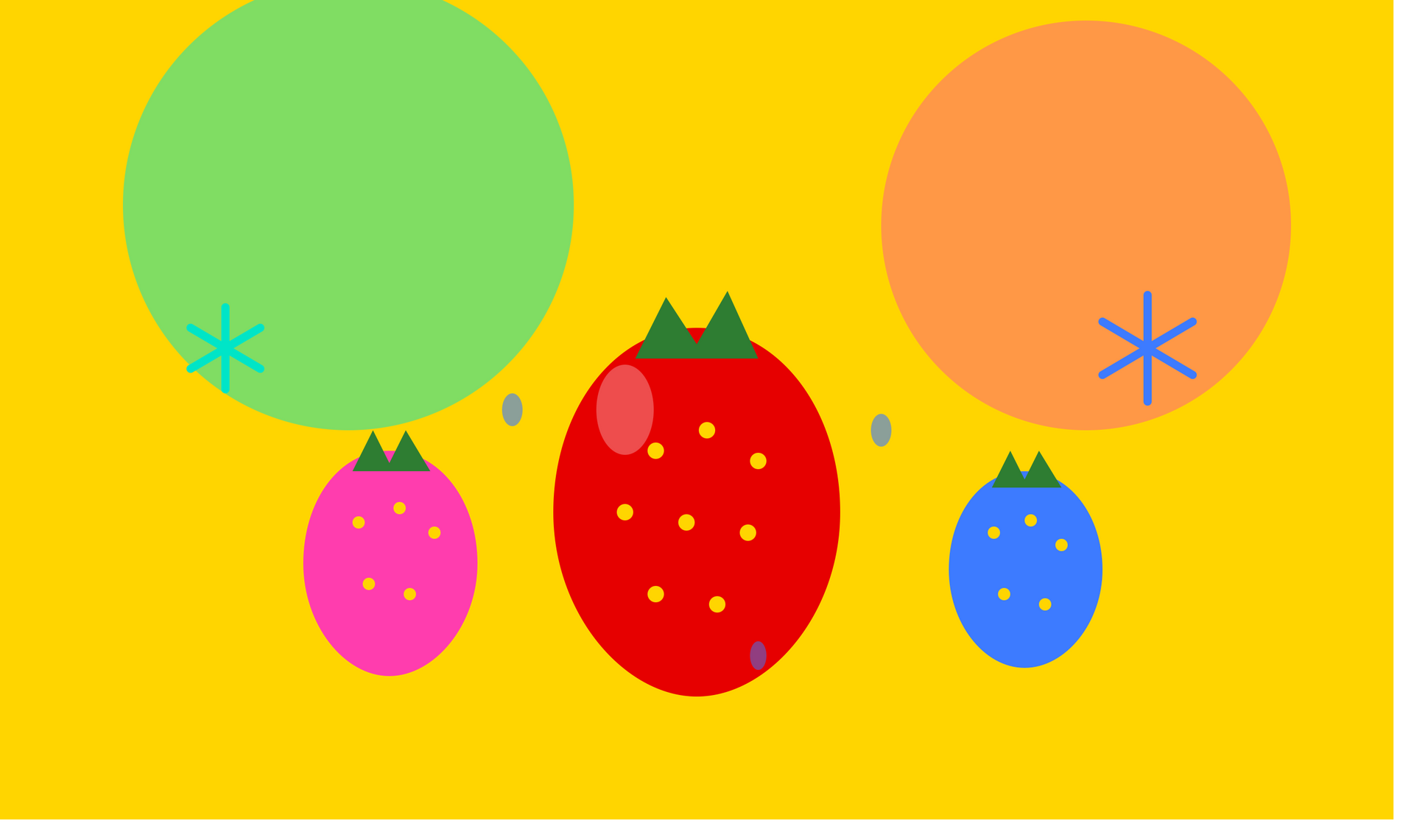 Kleurrijke, getekende aardbeien en ballonnen op een felgele achtergrond.