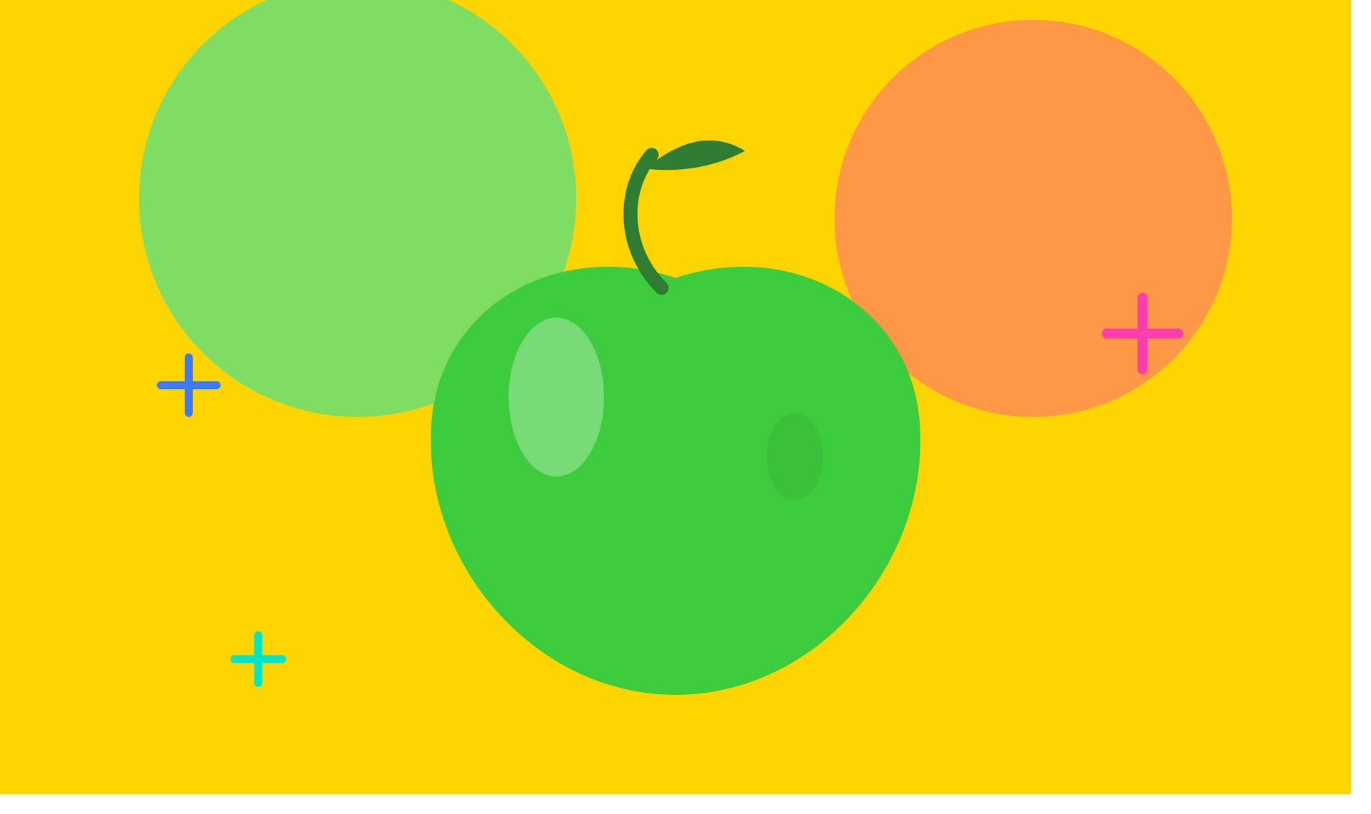 Felgele afbeelding met groen fruit, oranje en groene cirkels en kleine blauwe en roze plustekens.