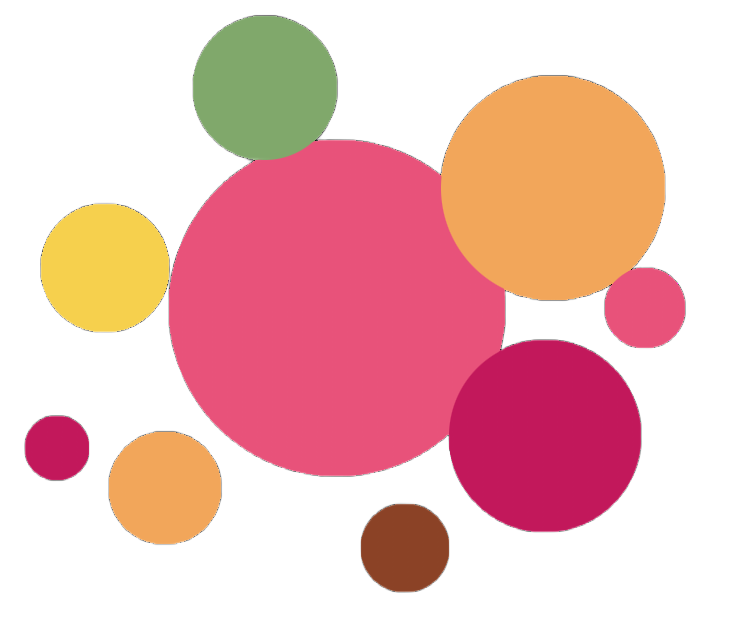 Kleurrijke, overlappende cirkels in roze, oranje, geel, groen en bruin op een witte achtergrond. Logo toetjesland