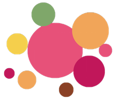 Kleurrijke, overlappende cirkels in roze, oranje, geel, groen en bruin op een witte achtergrond. Logo toetjesland