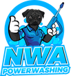 A black pug mascot in a blue shirt gives a thumbs-up while holding a pressure washer, with "NWA POWERWASHING" text below.