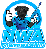 A black pug mascot in a blue shirt gives a thumbs-up while holding a pressure washer, with "NWA POWERWASHING" text below.