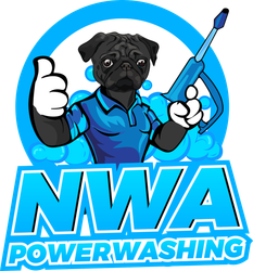 A black pug mascot in a blue shirt gives a thumbs-up while holding a pressure washer, with "NWA POWERWASHING" text below.