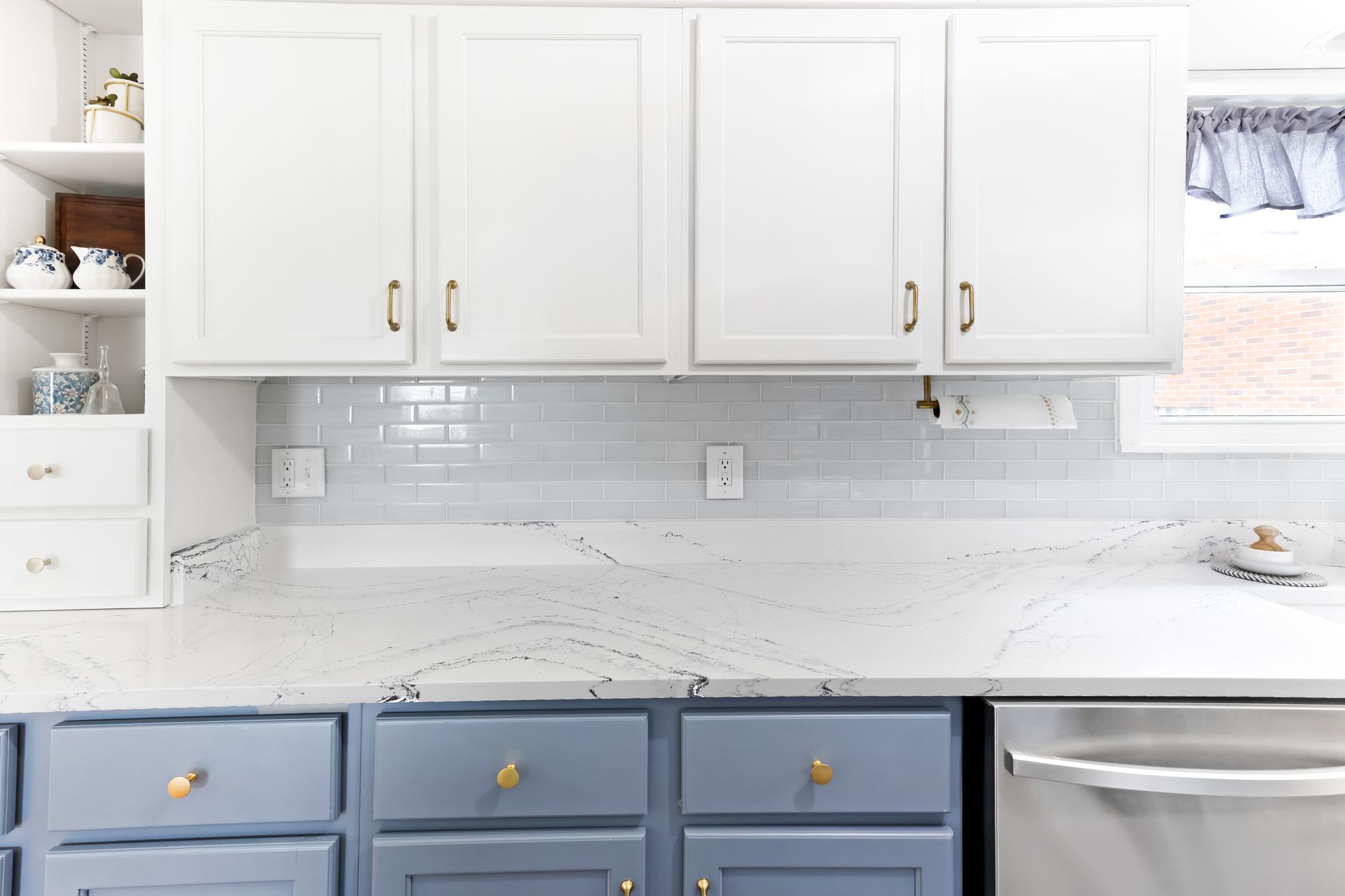 Custom Built Cabinets, Upper - Swiss Coffee, Lower - Storm Cloud, Cambria Potrush Countertops by Counter Culture