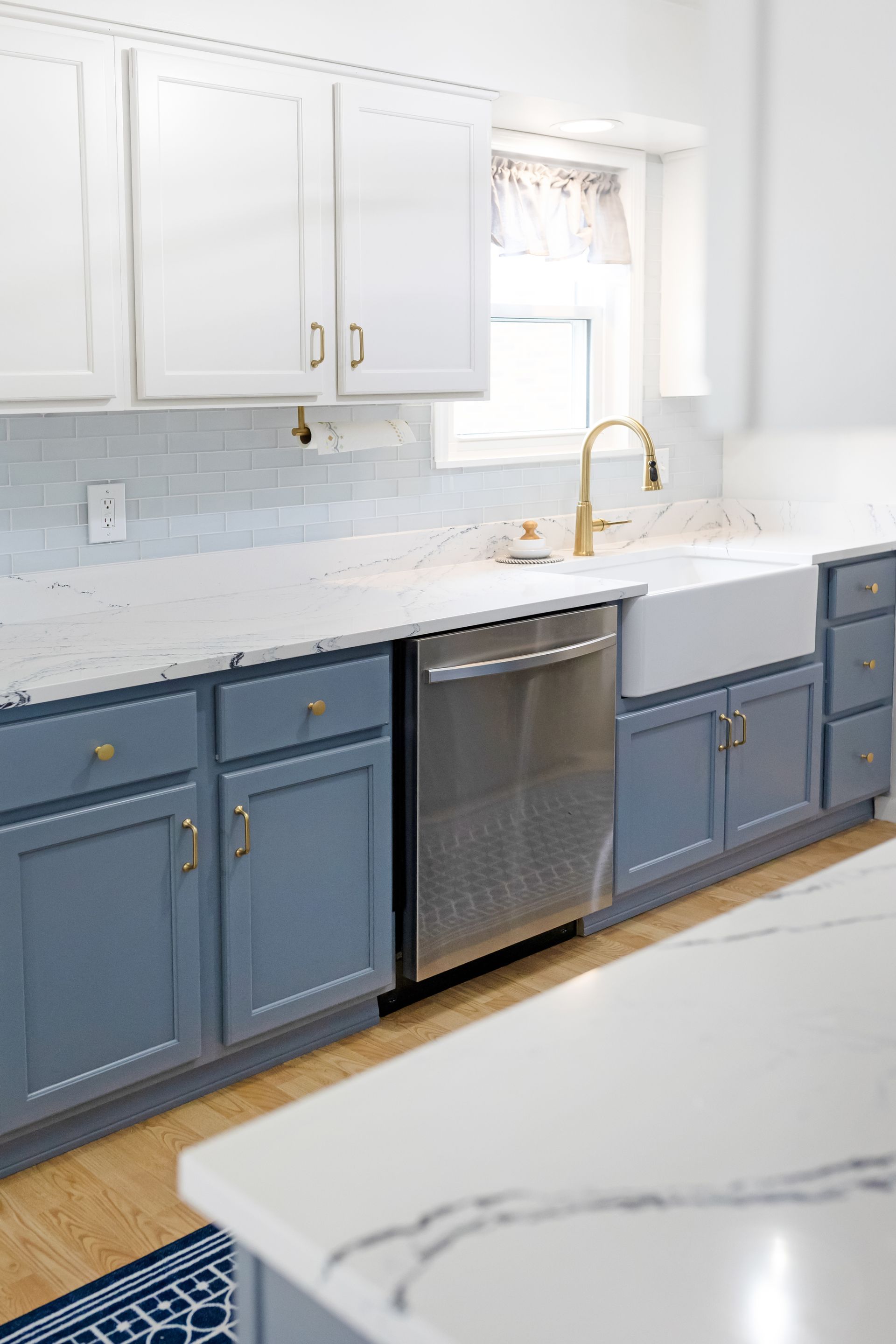 Custom Built Cabinets, Upper - Swiss Coffee, Lower - Storm Cloud, Cambria Potrush Countertops by Counter Culture