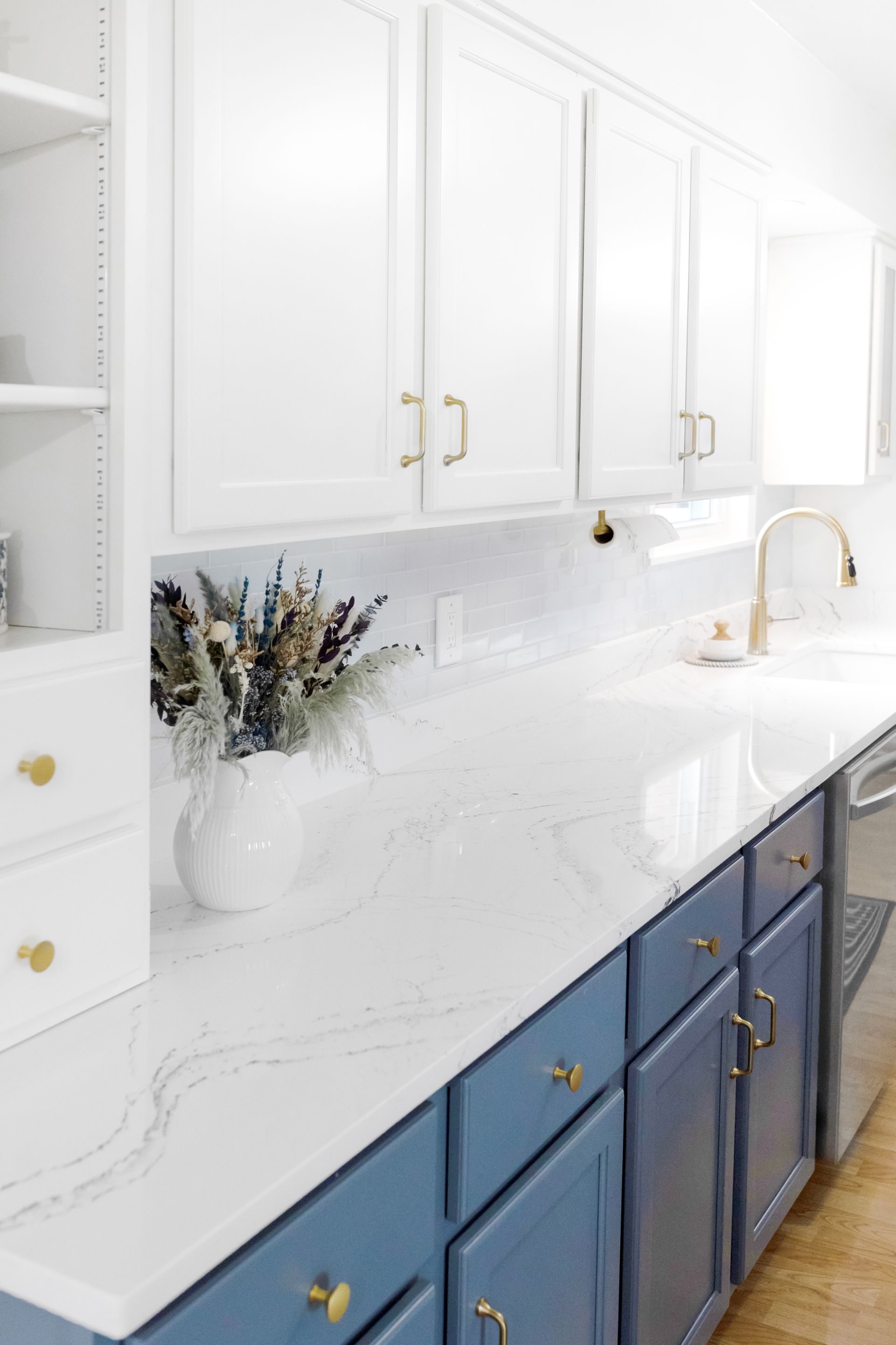 Custom Built Cabinets, Upper - Swiss Coffee, Lower - Storm Cloud, Cambria Potrush Countertops by Counter Culture