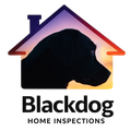 Black dog silhouette inside a house outline, sunset background; "Blackdog Home Inspections" text below.