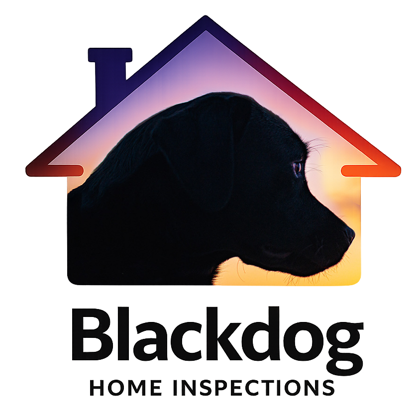 Black dog silhouette inside a house outline, sunset background; "Blackdog Home Inspections" text below.