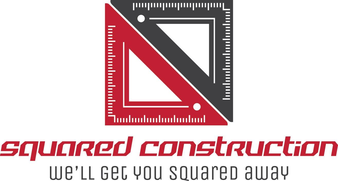 Logo for Squared Construction: Red and black squares with ruler edges, angled; text