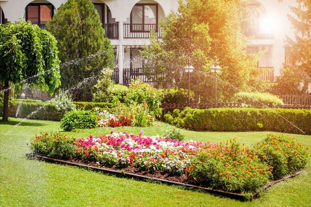 Garden with flowers and lush green lawn, sprinklers, bright sunlight, and a white building.