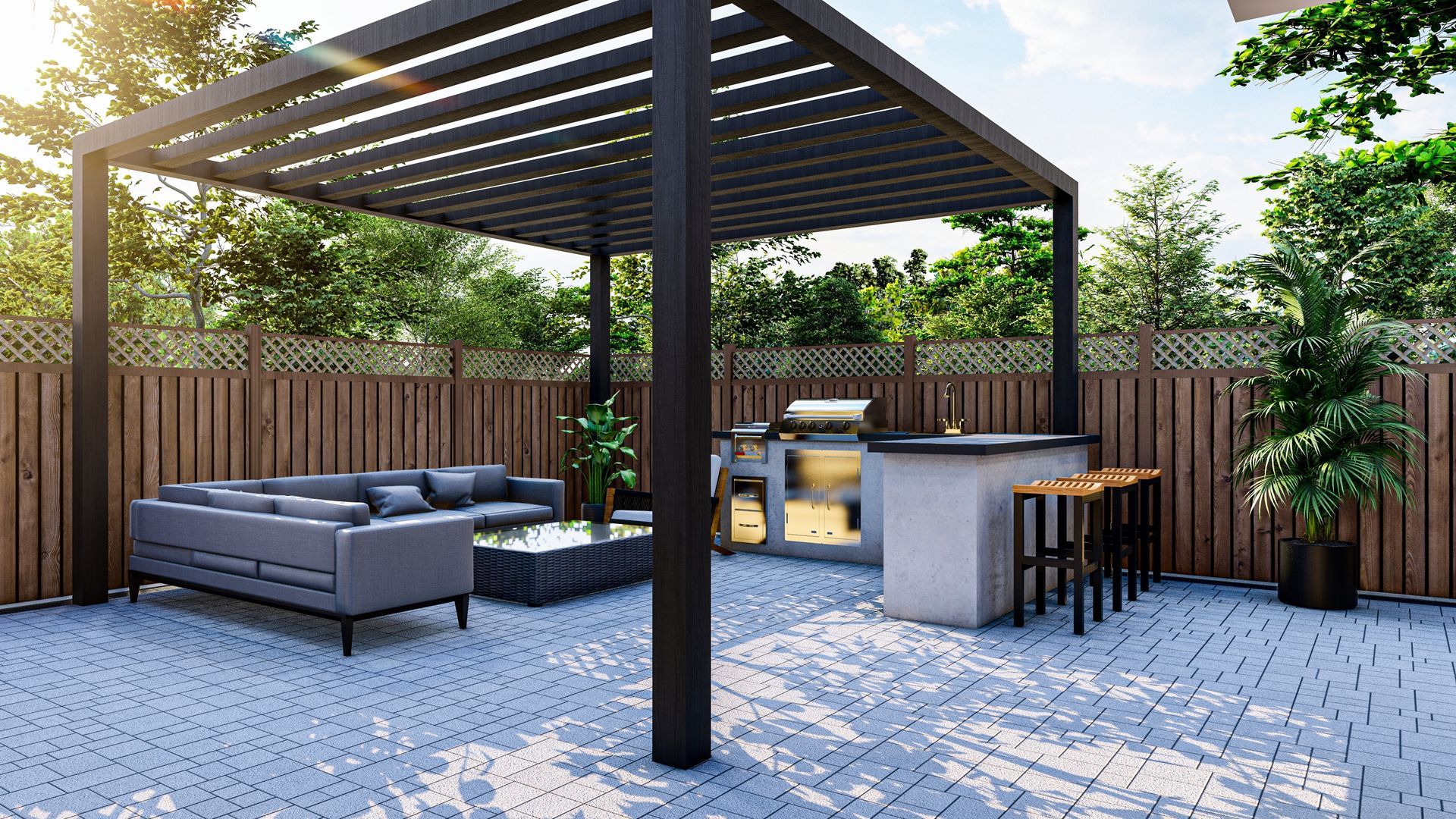 Outdoor patio with pergola, seating area, grill, bar stools, and a brick patio.
