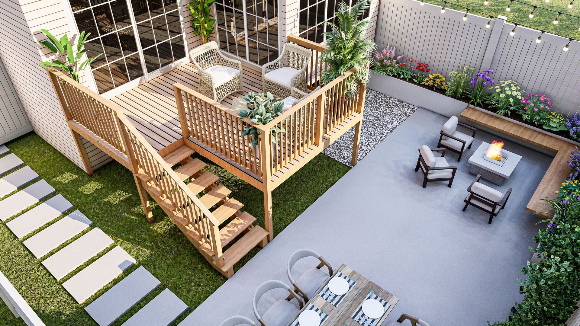 Wooden deck with stairs, outdoor seating area, and garden with flowers.
