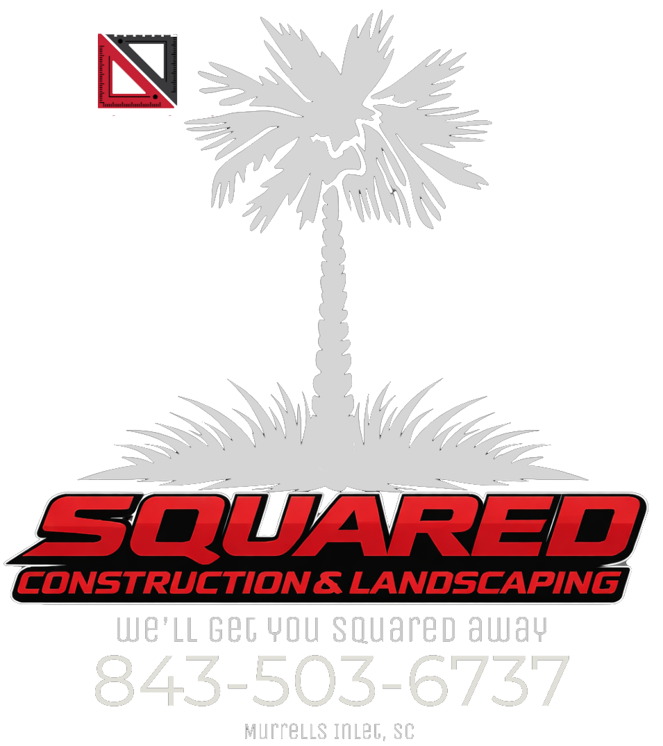 Logo for Squared Construction: Two overlapping squares forming an 'N' shape, with ruler markings; company name and tagline below.