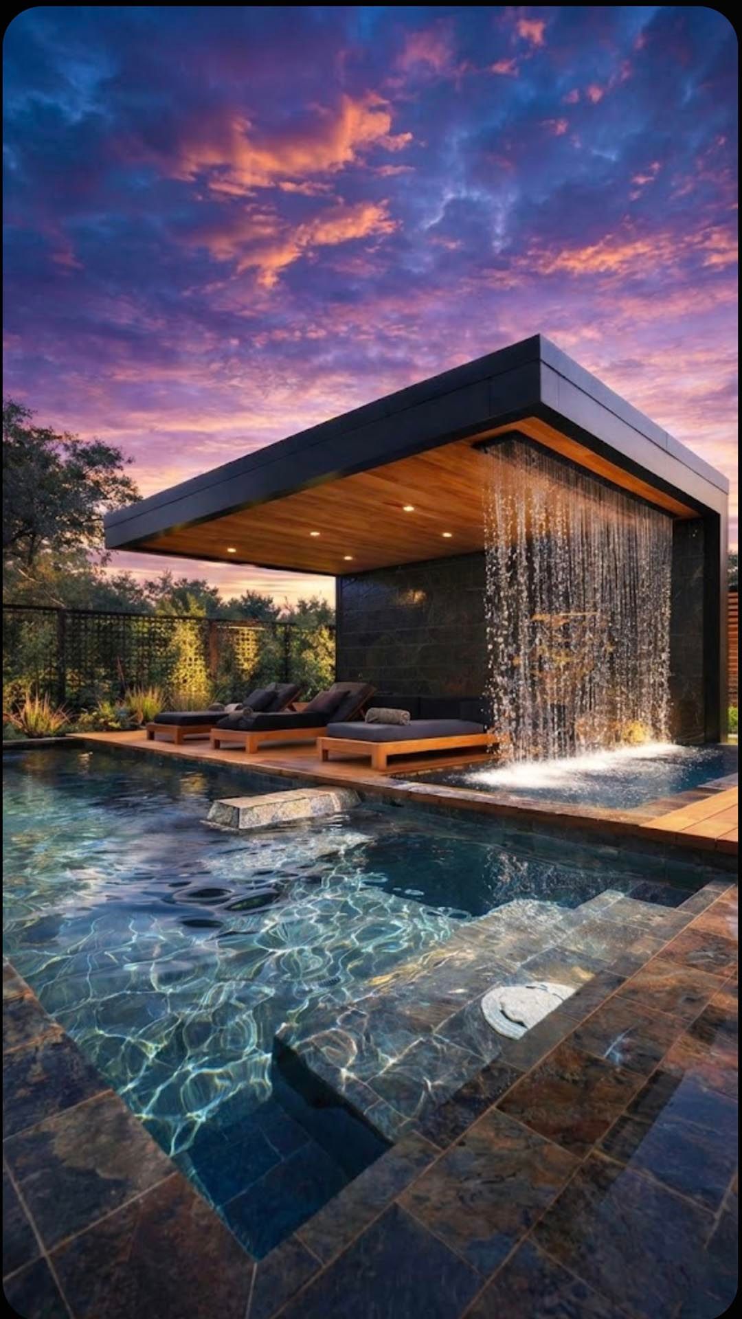 Pool rain shower feature beside a resort-style outdoor space