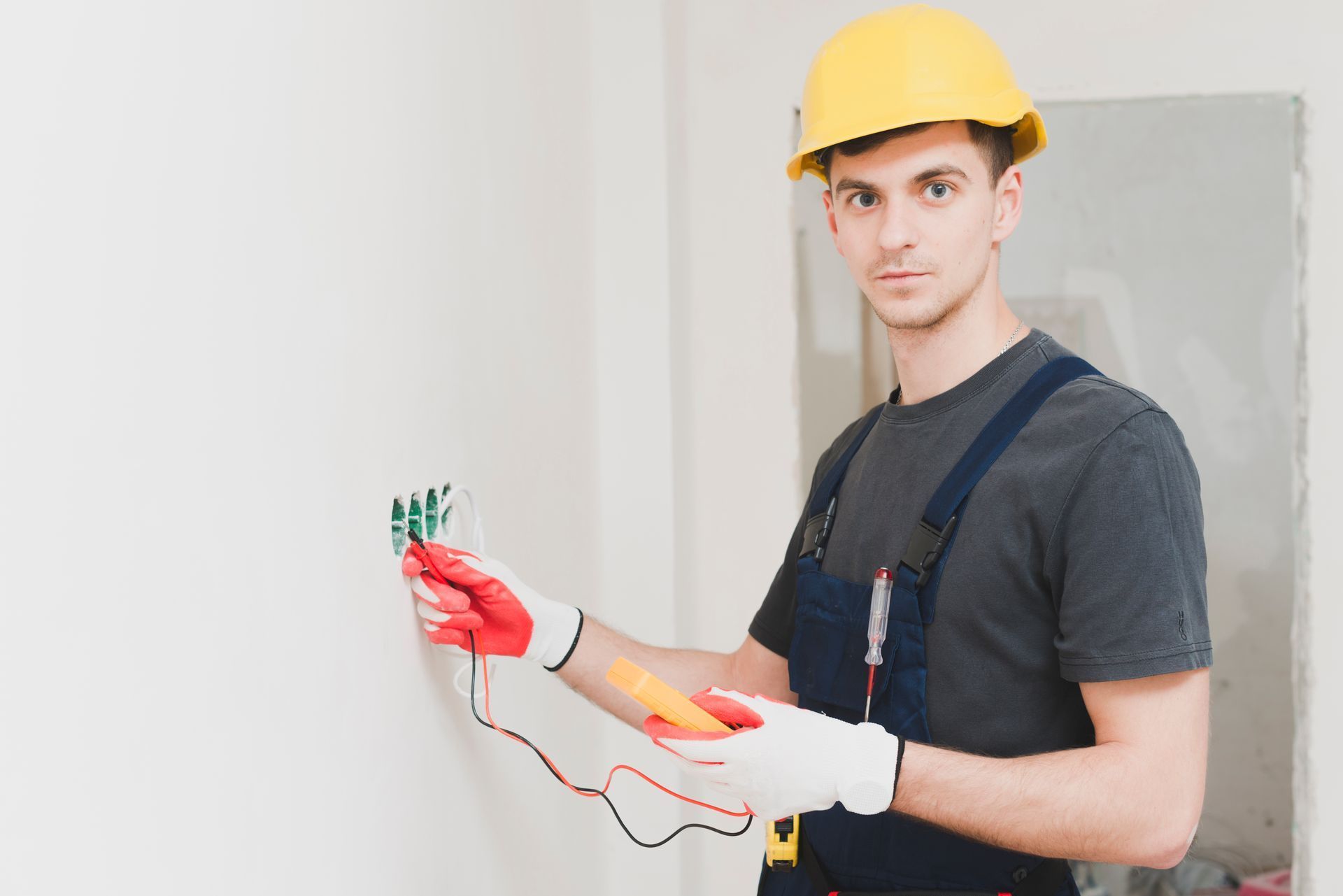 An electrician is working on a wall with a voltage meter.