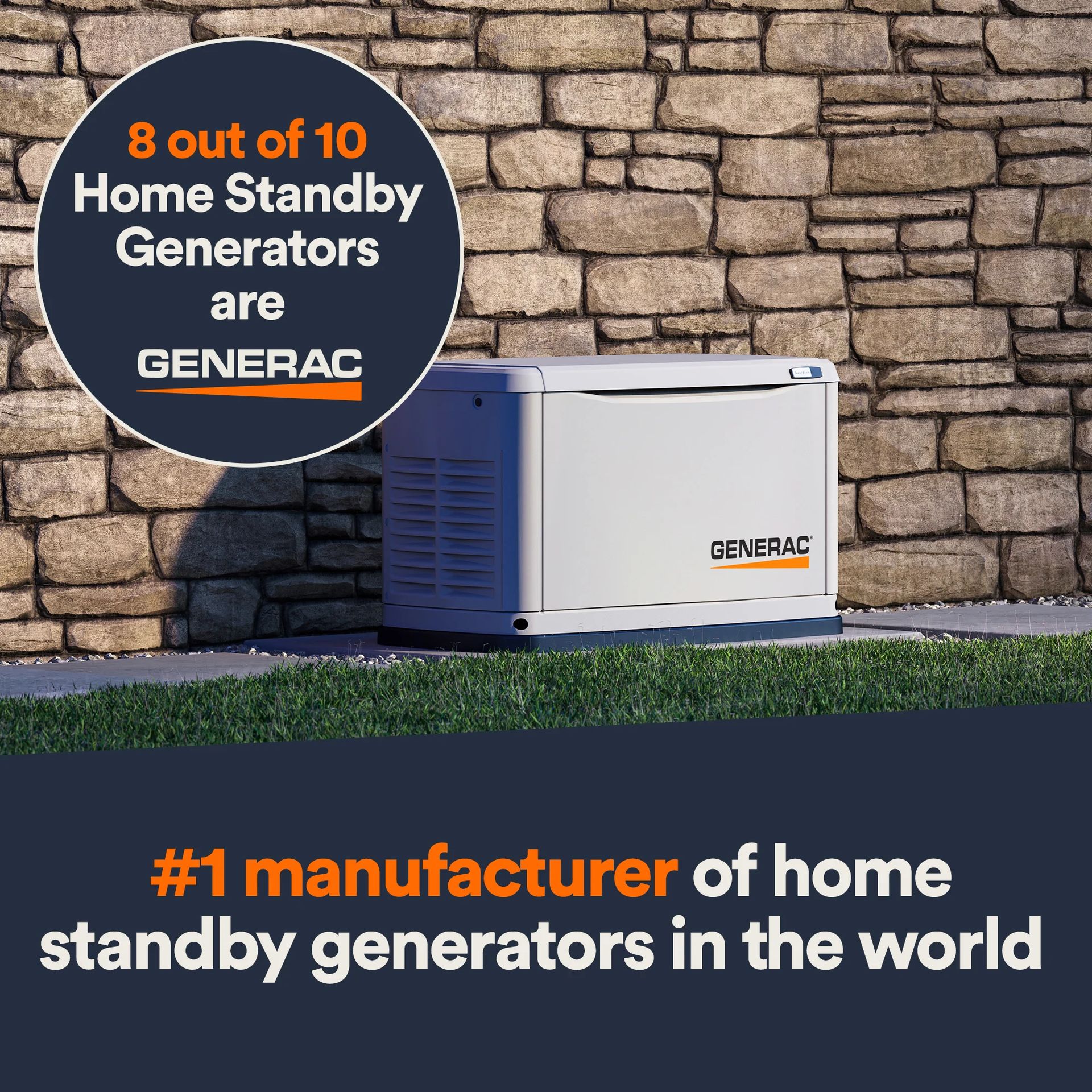 A Generac home standby generator sits on a lawn against a stone wall with text promoting it as the world's #1 manufacturer.